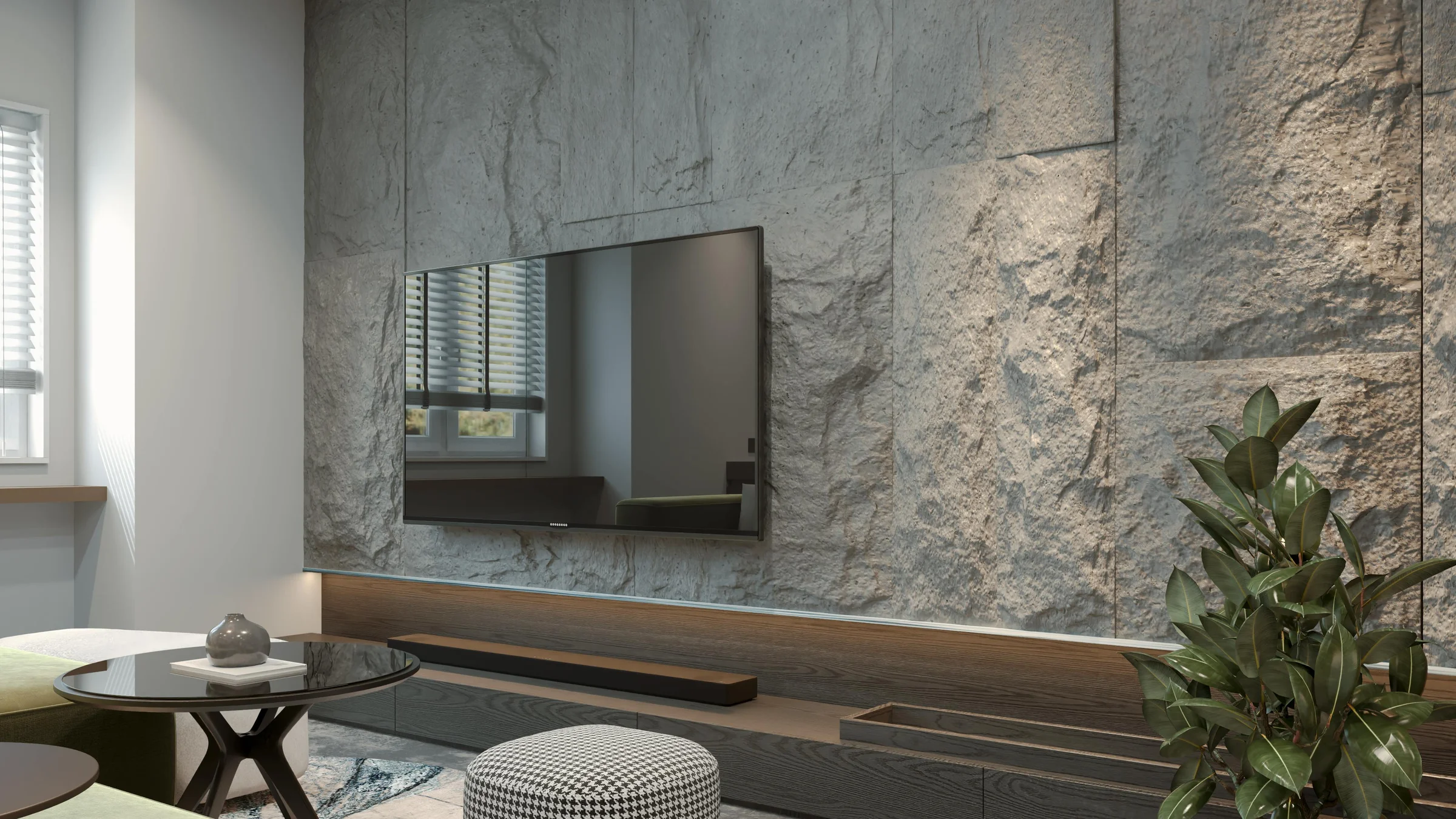 Modern smart home interior with beautiful lighting and wall mounted TV