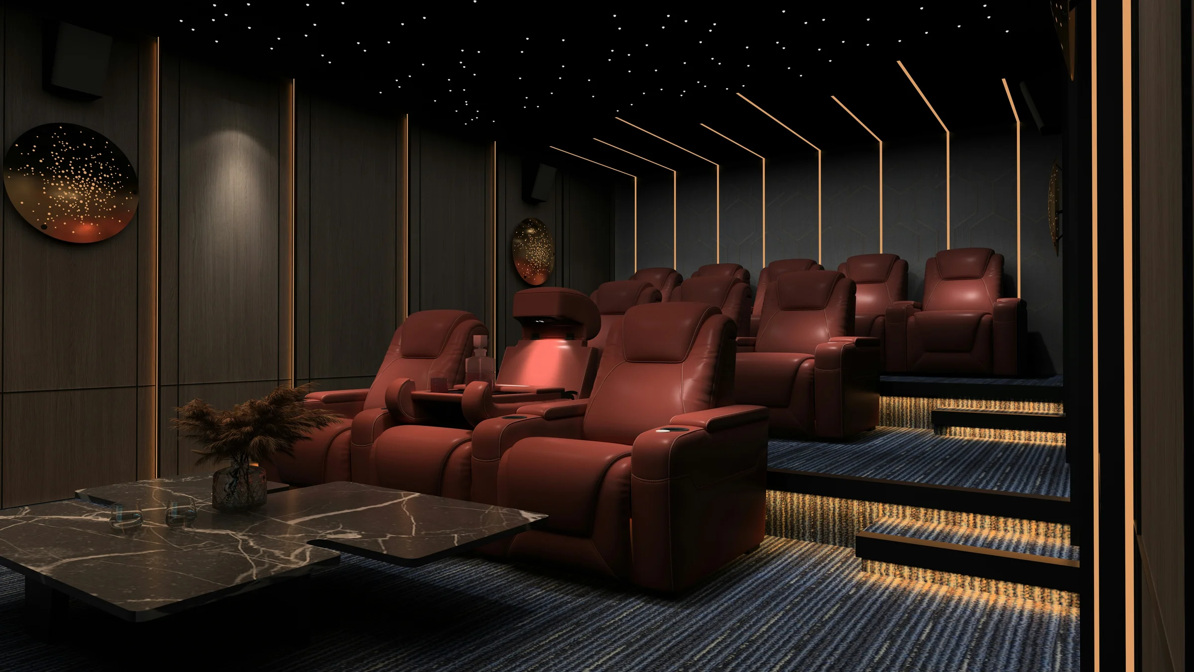Custom home theater with surround sound and projection